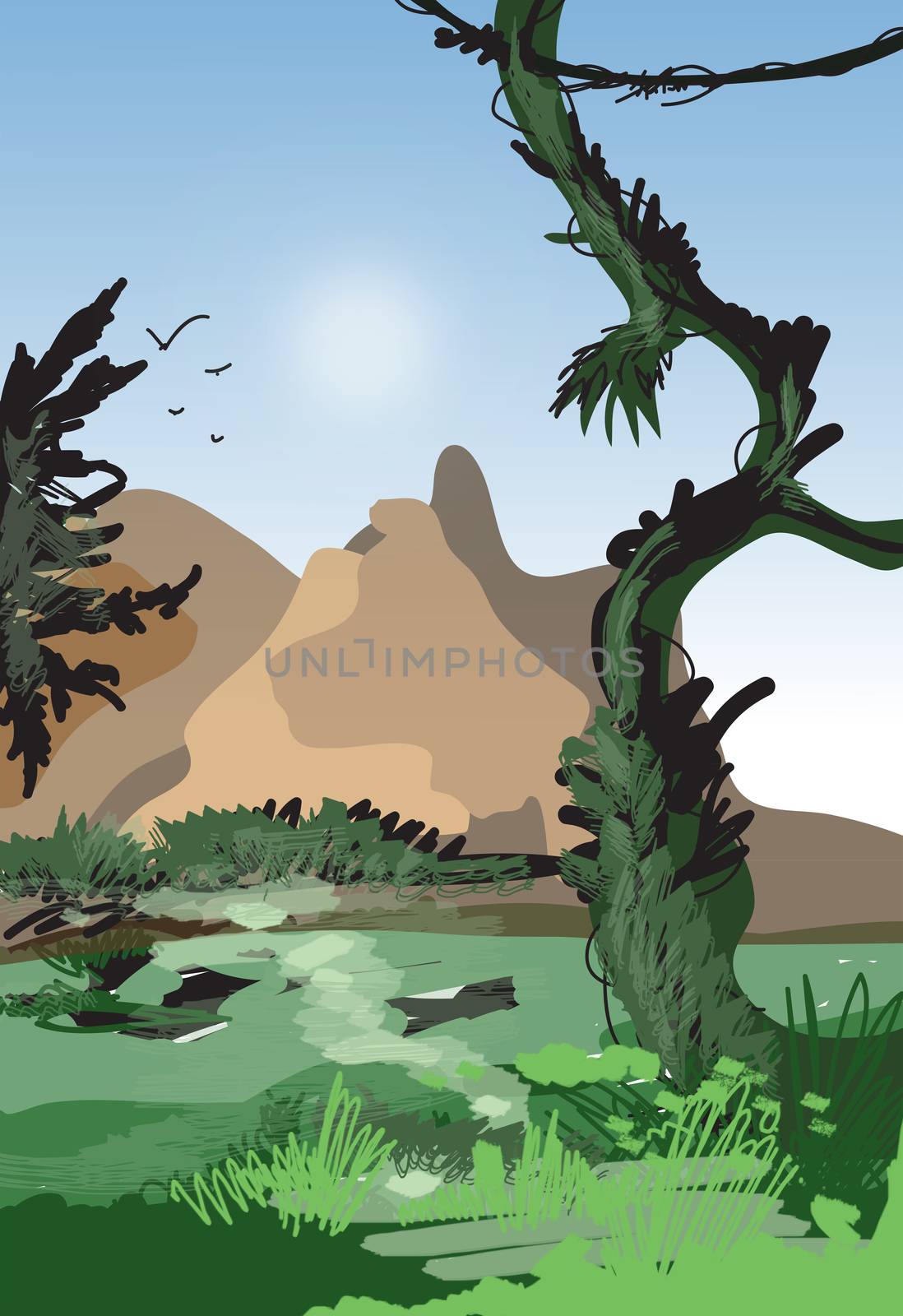 jungle with birds made in 2d software