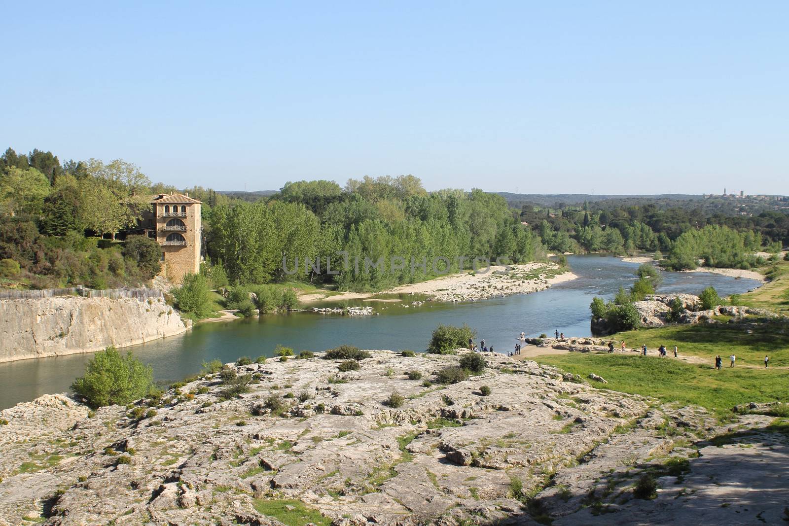 Gardon river, France. View from Pont du Gard