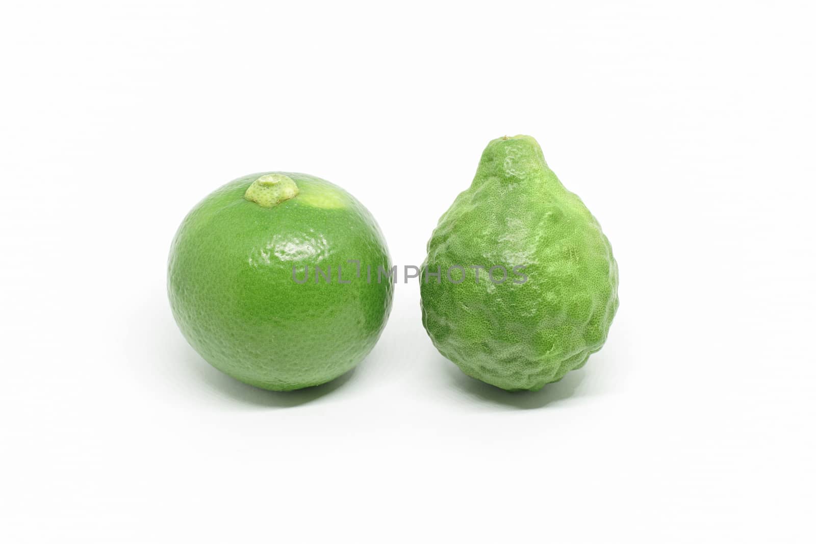 Fresh green Kaffir bergamot and lime fruit isolated on white background, two fruits are important ingredient of food in Asia.