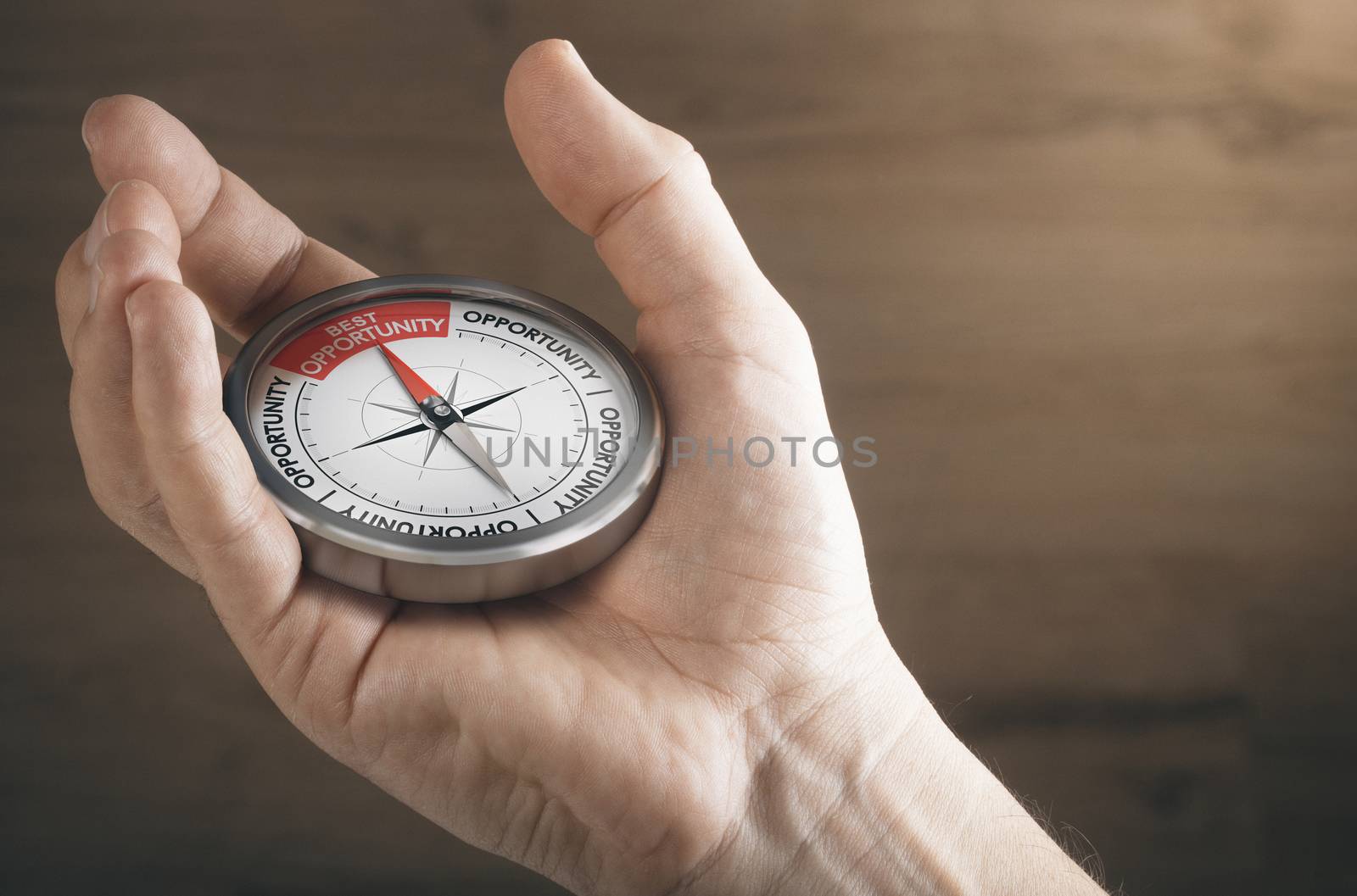 Man hand showing compass with needle pointing the text best opportunity. Concept image to illustrate business or career opportunities.