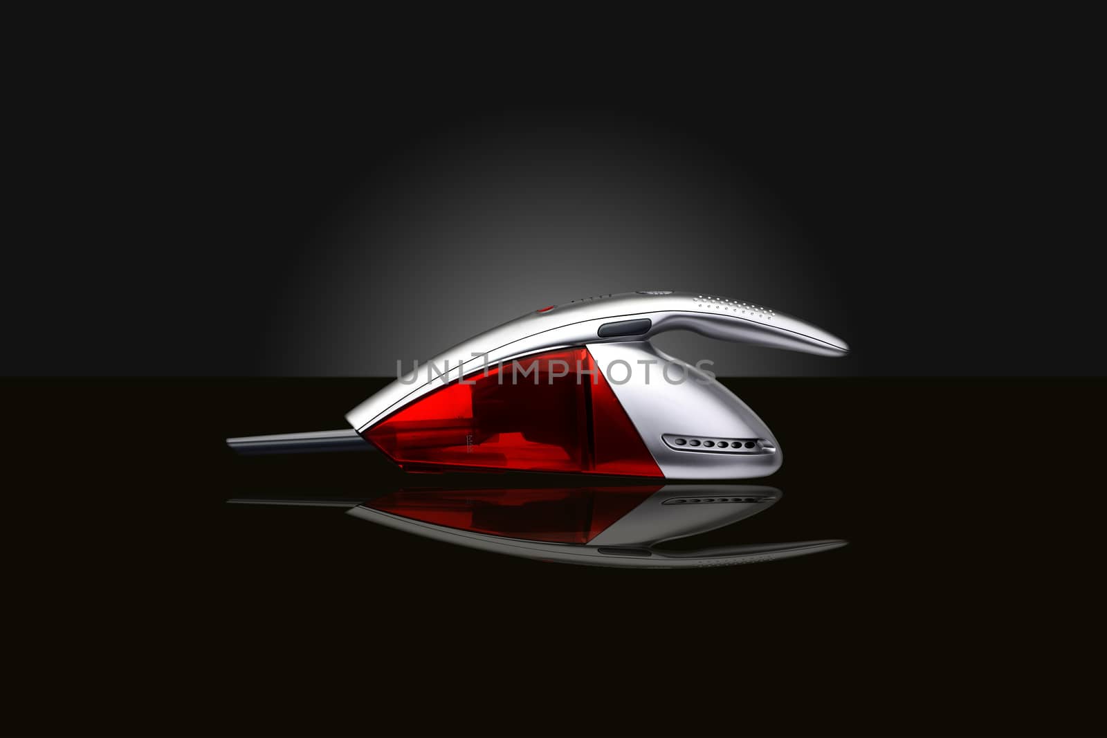 product image of vacuum cleaner on a black staged background with reflection
