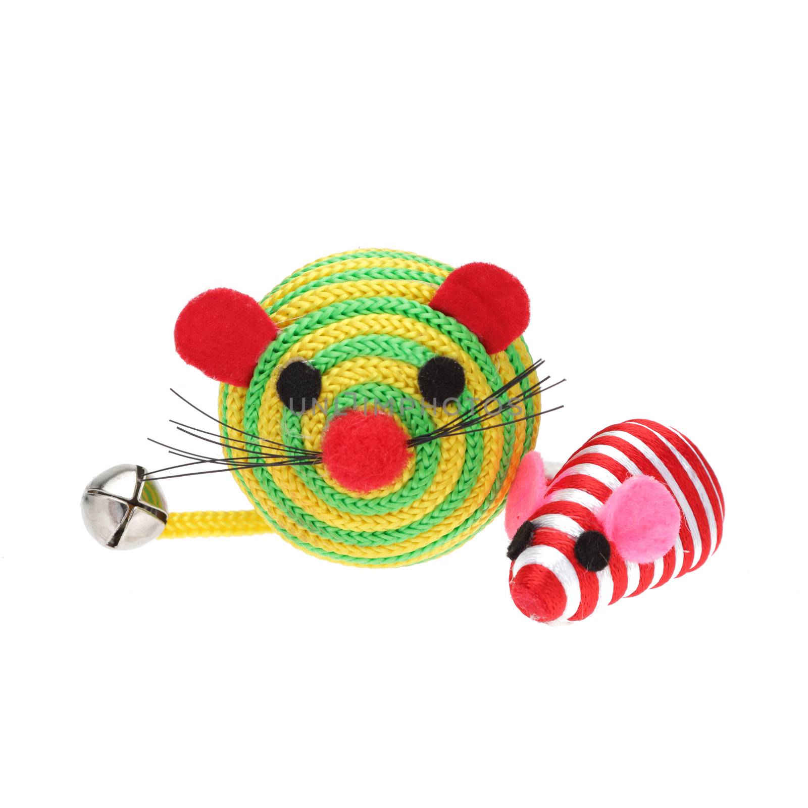 Colourful toy mice for cats on white background