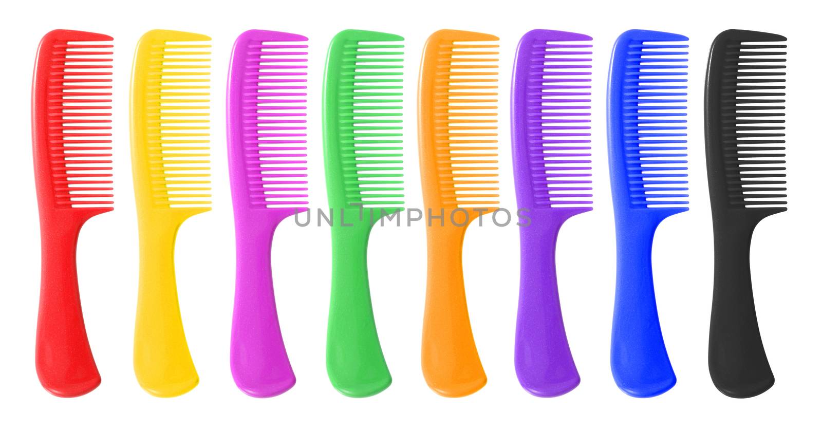 Colored hair combs with glitter finish isolated on a white background