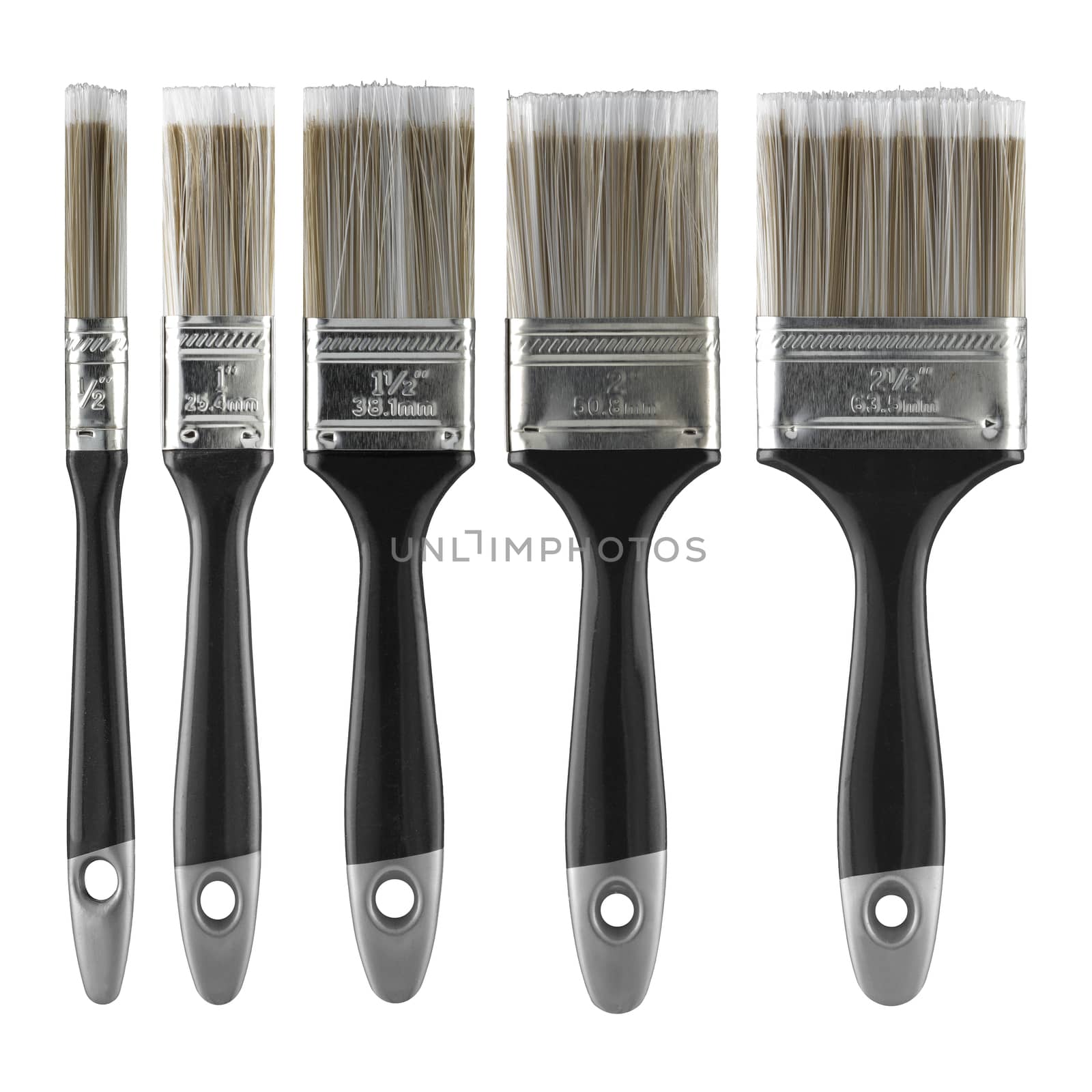 A set of five decorators paint brushes on white with clipping path