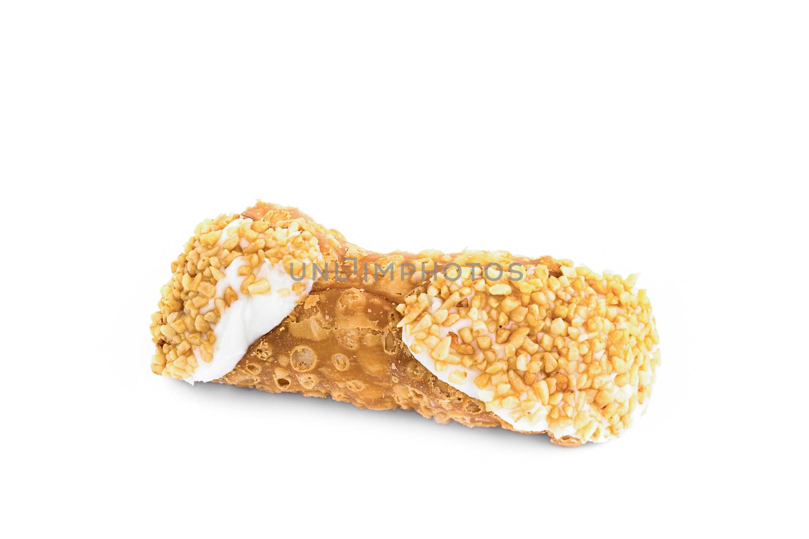 Sicilian Cannoli with ricotta and grains of hazelnut, isolated on a white background. Typical Sicilian sweet.