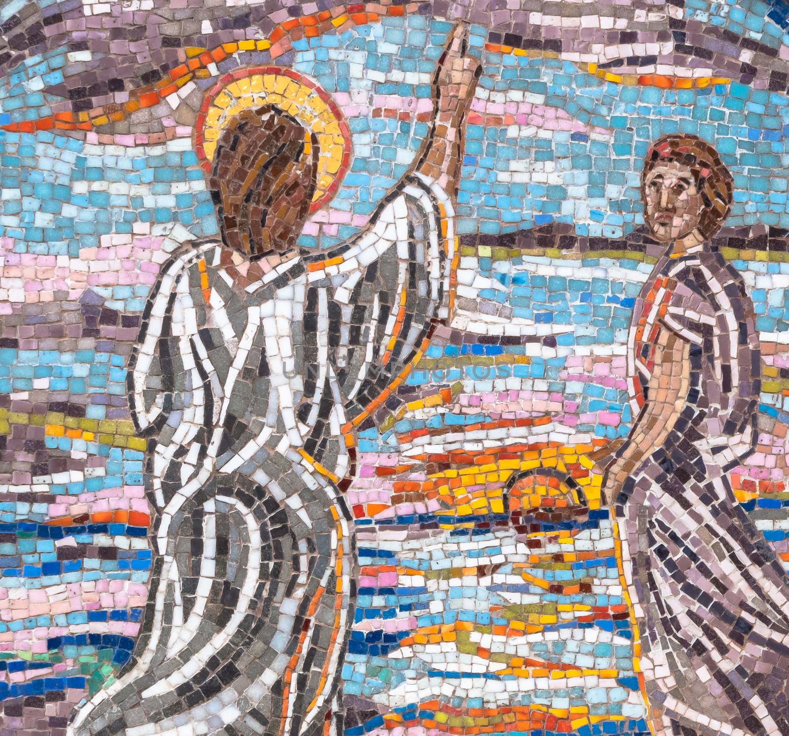 Mosaic of Jesus Christ which indicates the right path to follow. Ideal for concepts, festivity and backgrounds.