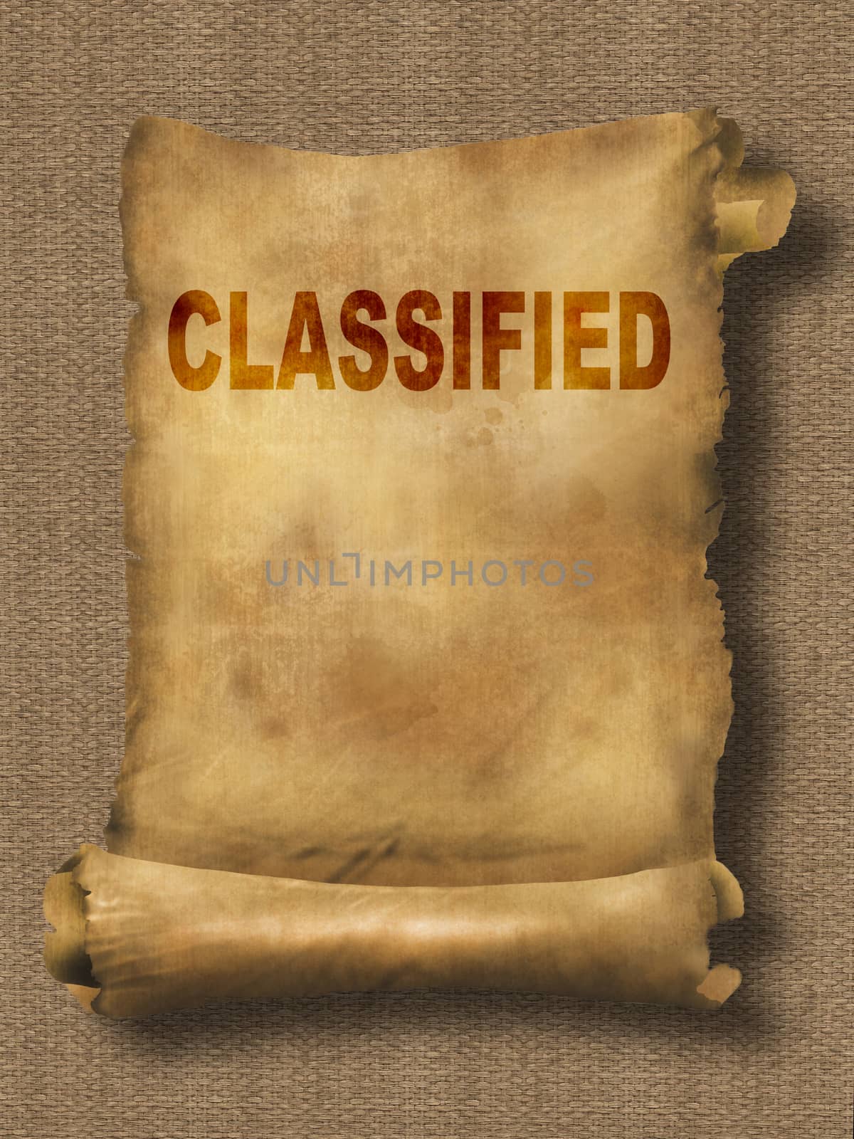 word classified on paper scroll made in 2d software