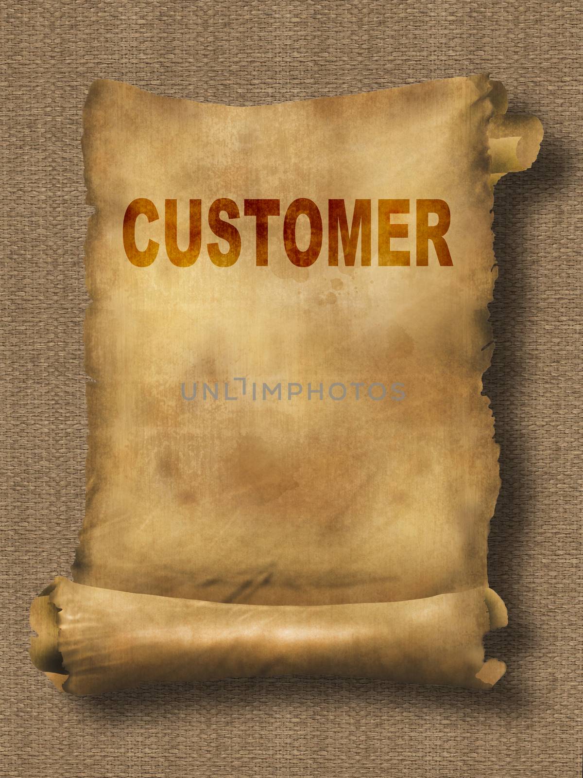 word customer on paper scroll made in 2d software
