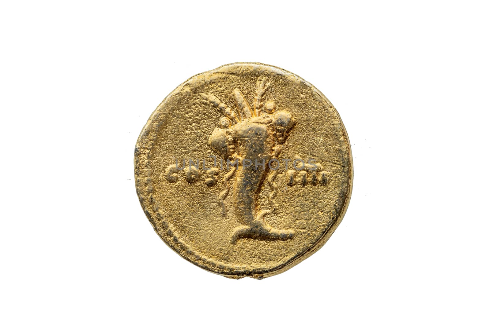 Roman gold aureus replica coin reverse of Roman Emperor Domitian AD 81-96  showing cornucopia (horn of plenty) cut out and isolated on a white background