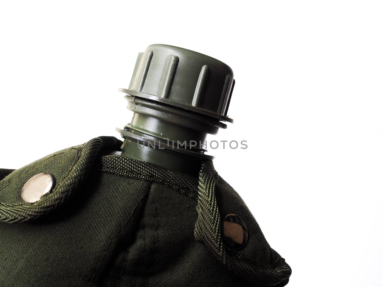 Green military water bottle for hiking, camping. Isolated on white background.
