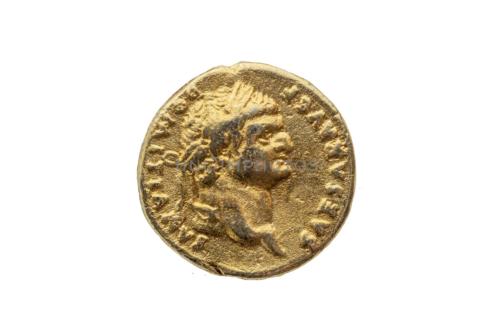 Roman gold aureus replica coin obverse of Roman Emperor Domitian AD 81-96  cut out and isolated on a white background