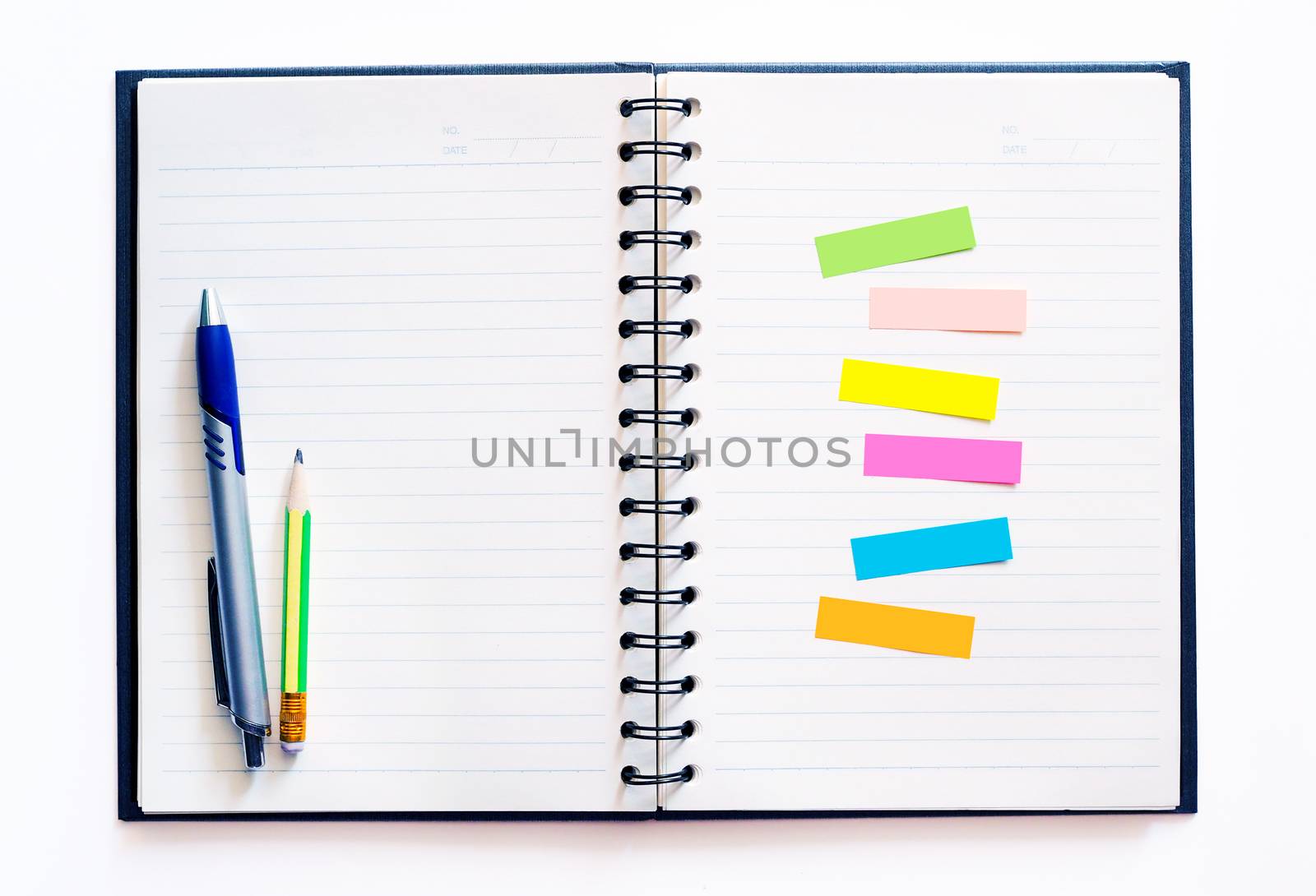 Notebook with pen and sticky note paper set. Isolated on white background.