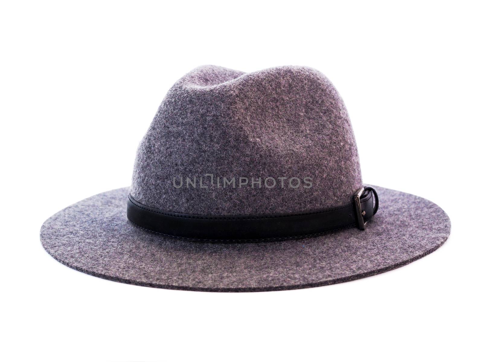 Vintage Panama hat for men Made of gray flannel fabric. classic style fashion accessories isolated on white background.