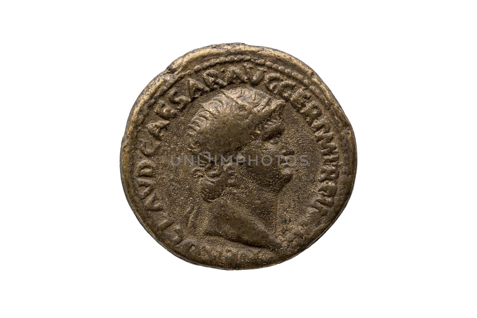 Roman Dupondius Replica Coin of  Roman Emperor Nero 37-68 AD portrait obverse cut out and isolated on a white background