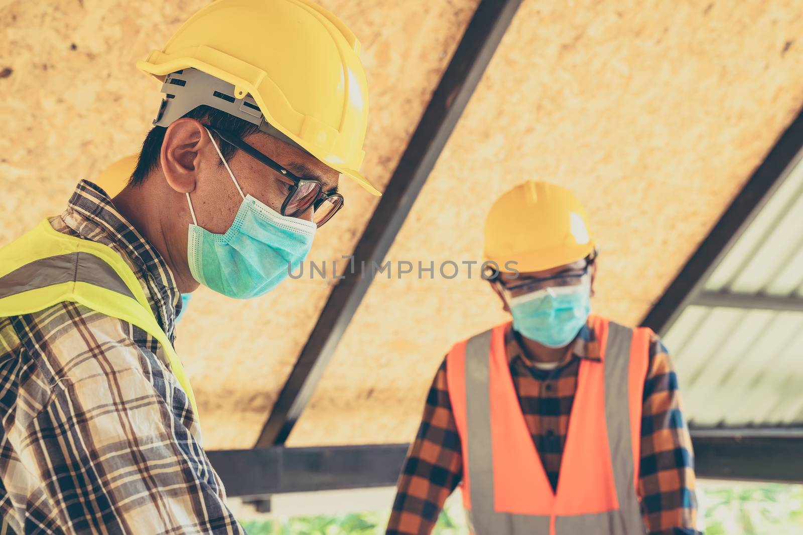 Engineer wearing protective mask working and meeting by Visoot