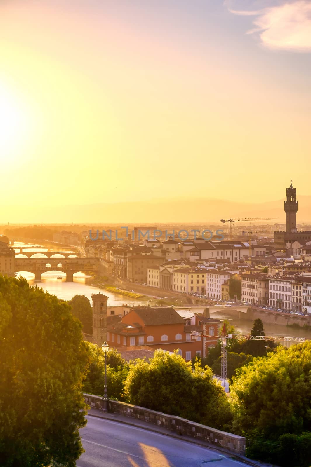 An aerial view of Florence, Italy towards the Ponte Vecchio.