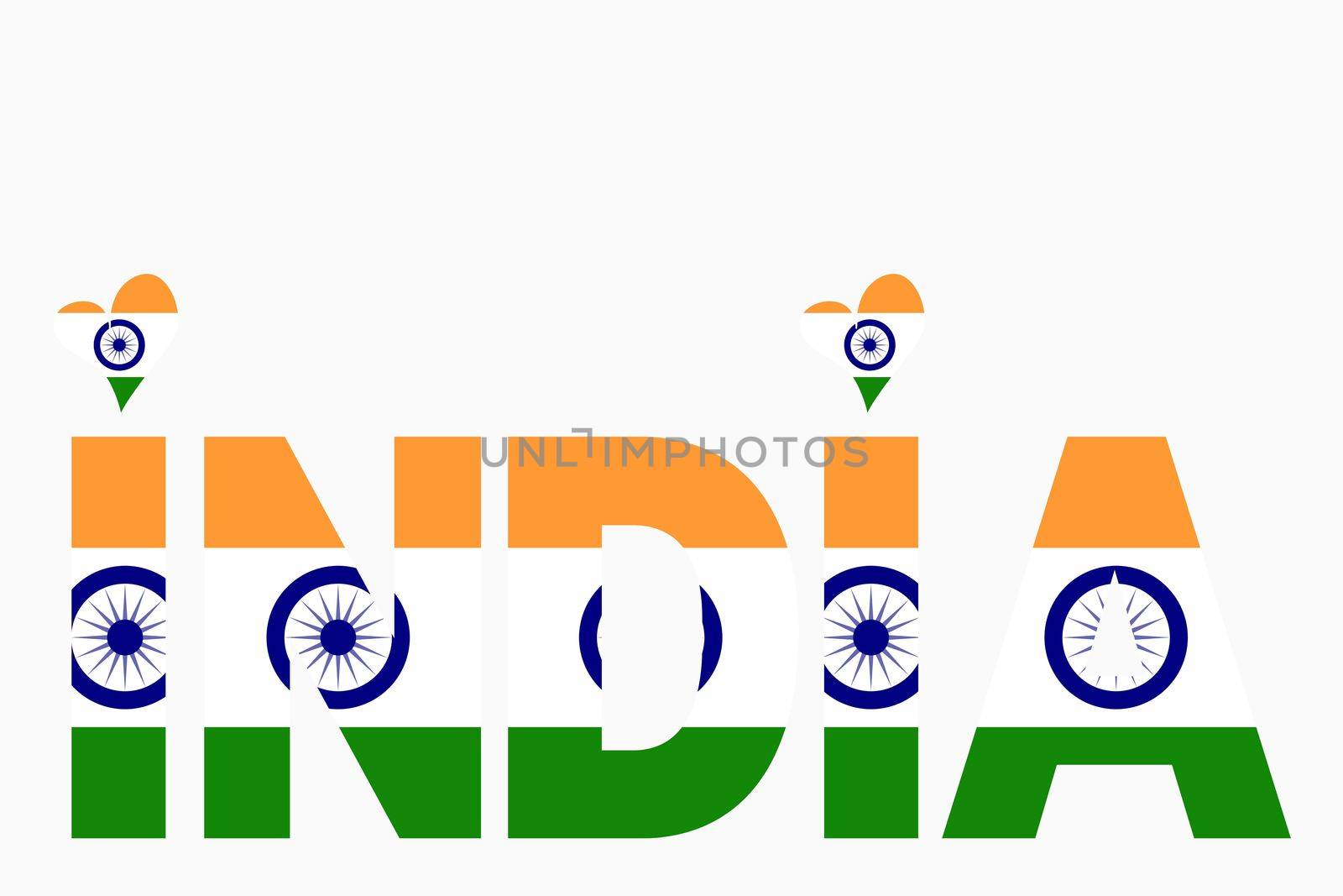 Illustration of India written with Indian National Flag colors. Tiranga (3 colors - Saffron White and Green) with the navy blue wheel Ashok Chakra