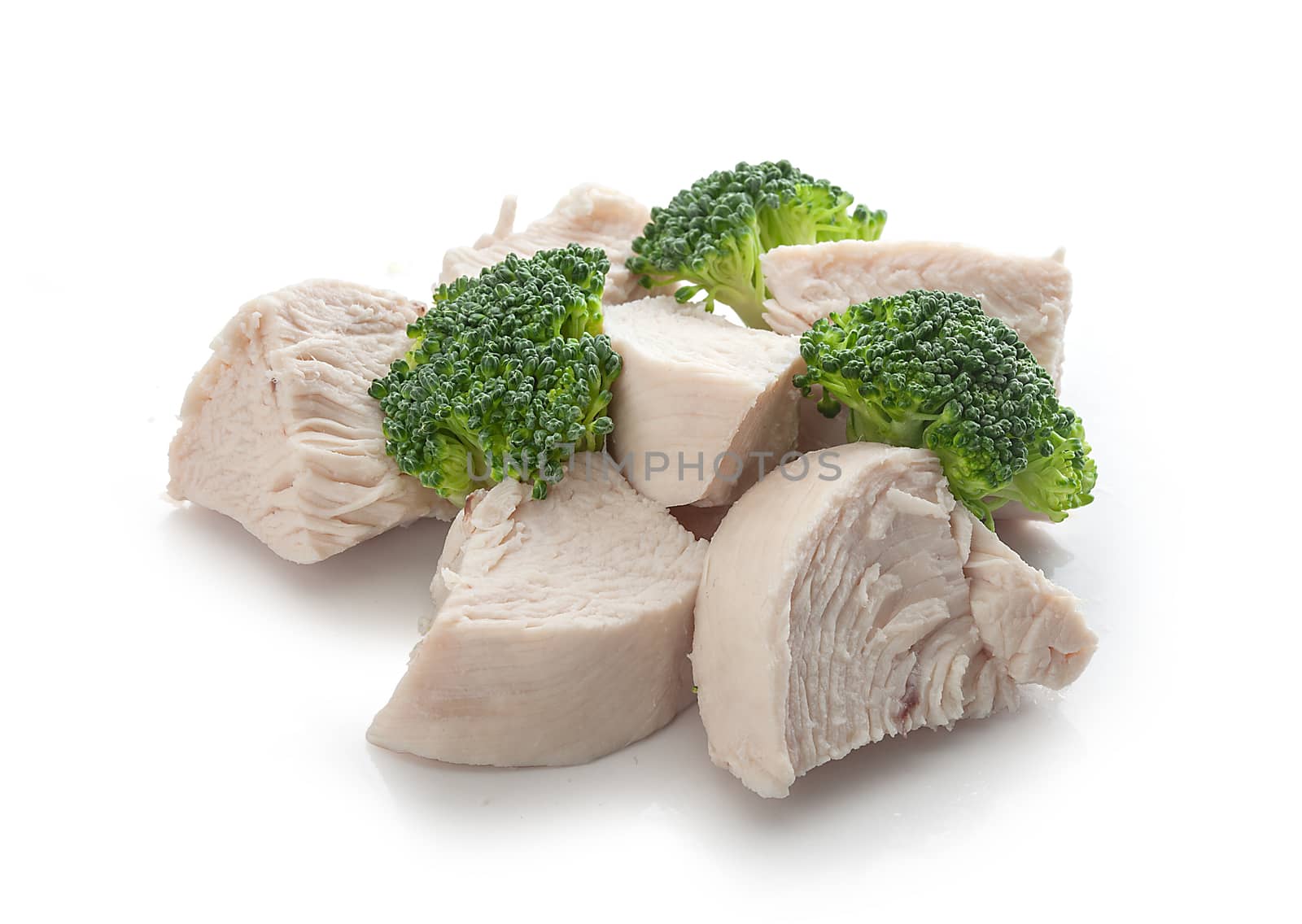 Isolated handfull of prepared chicken pieces with fresh green broccoli