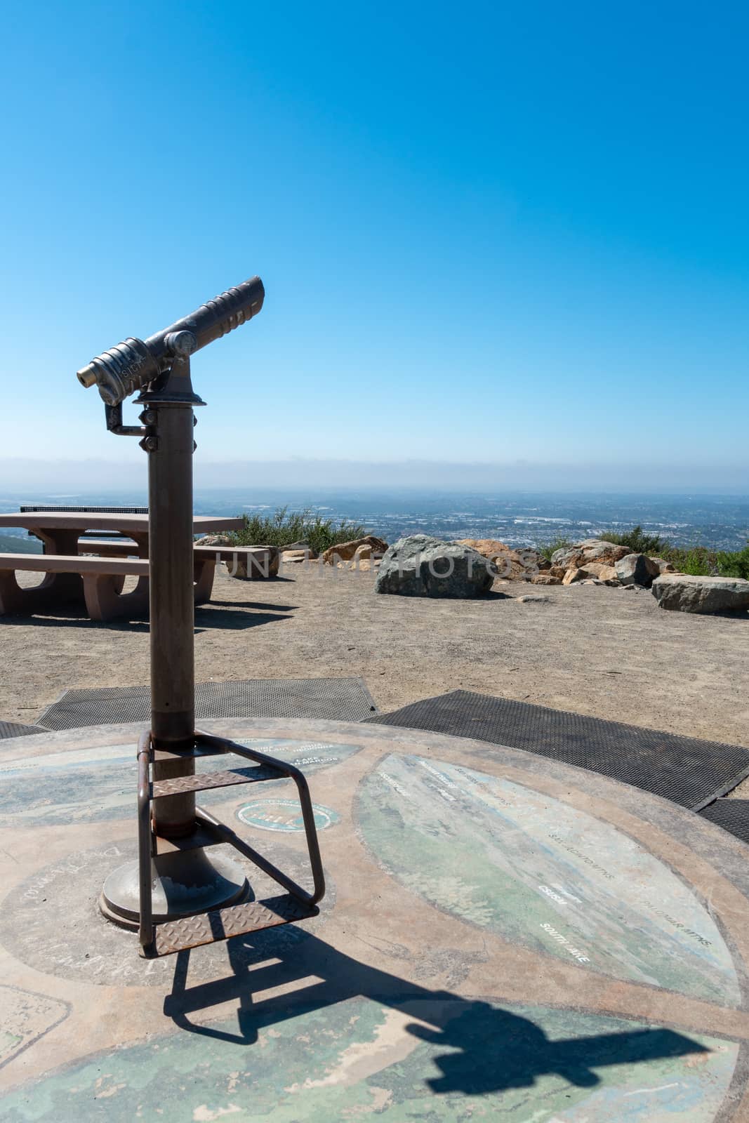 Telescope on the summit of the Double Peak Park in San Marcos. 200 acre park featuring a play area and hiking trails that lead to a summit.