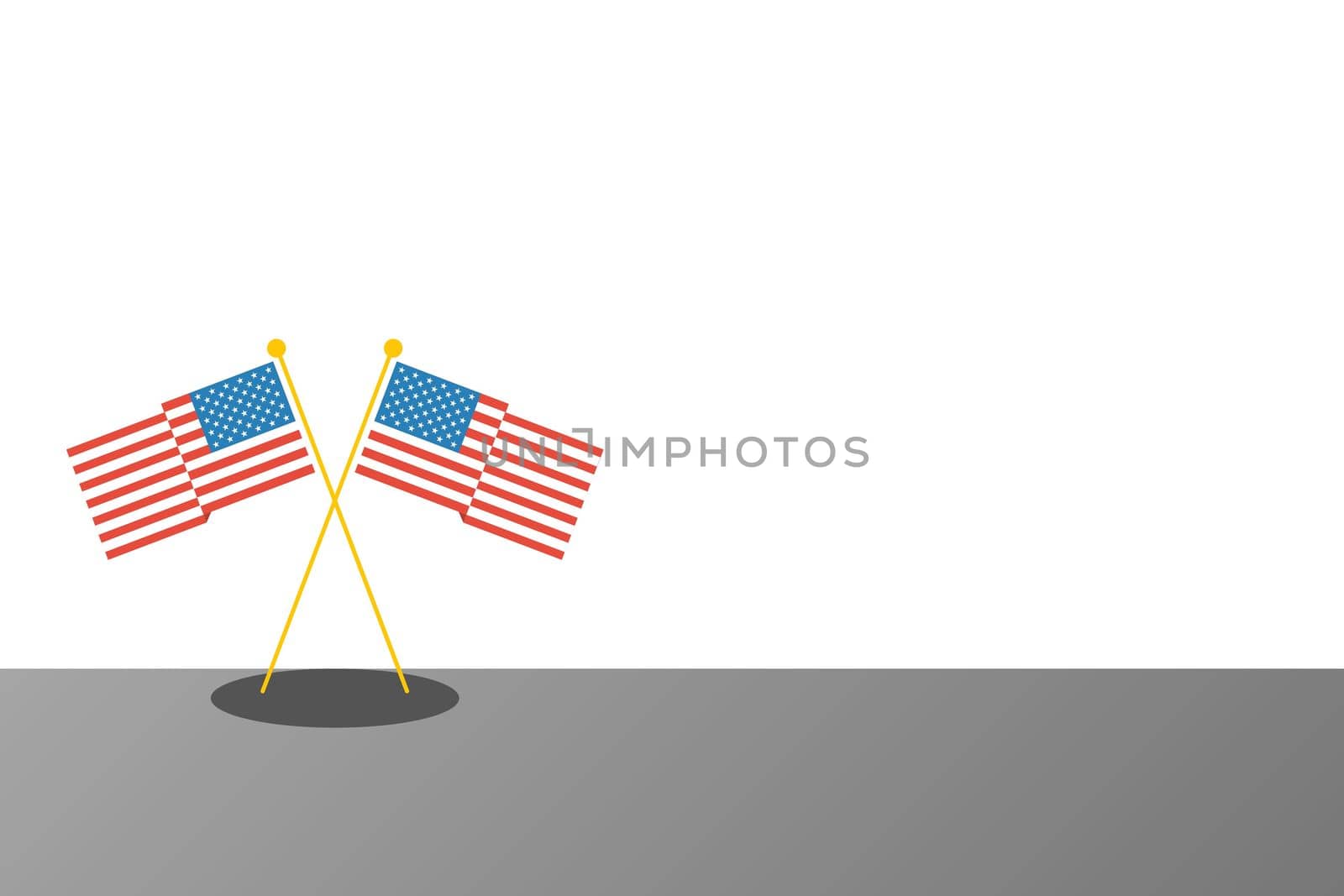 Illustration of two American National flags at table crossing each other on a white background with copy space