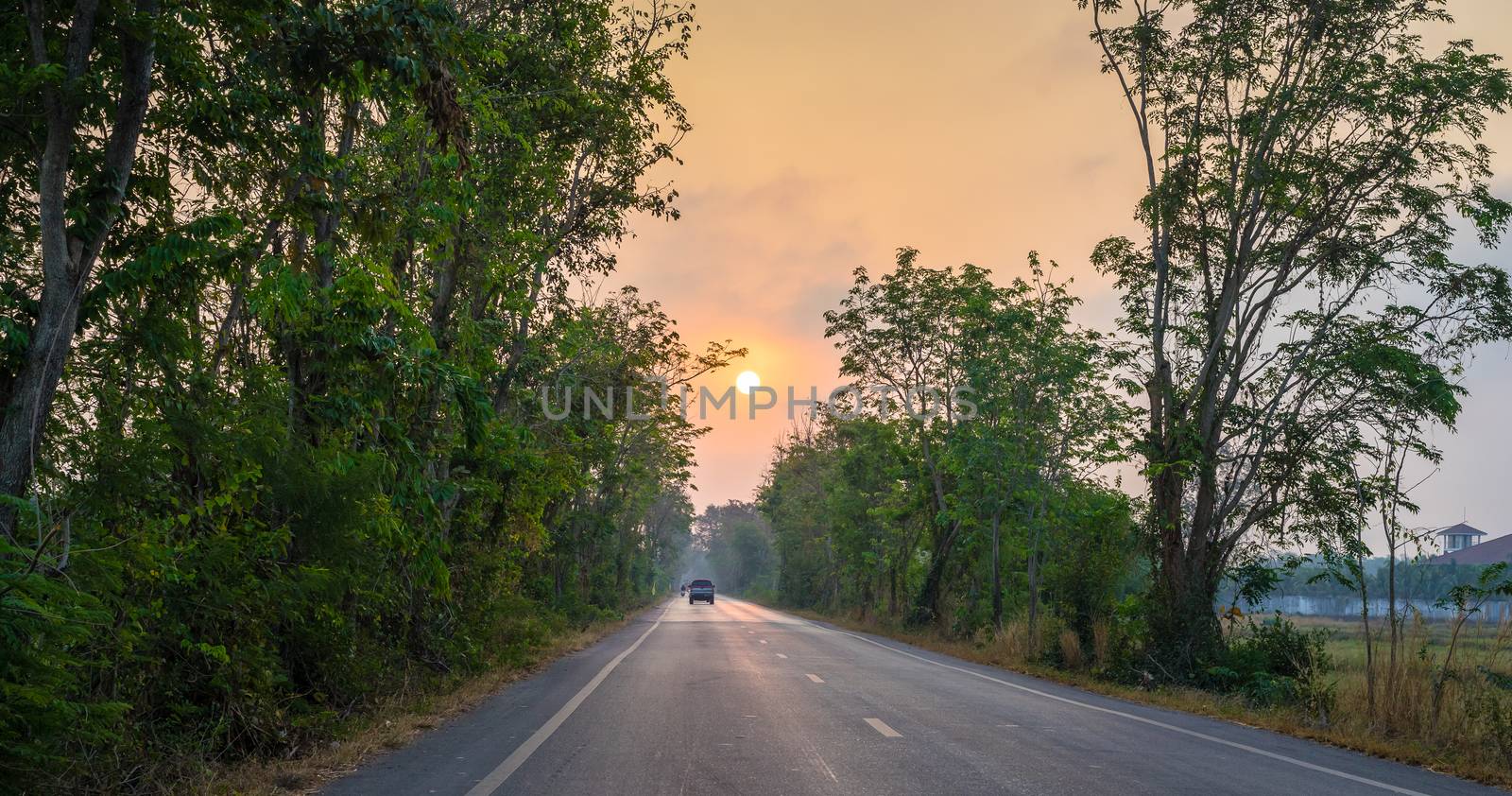 Car on asphalt road in countryside and sunshine morning