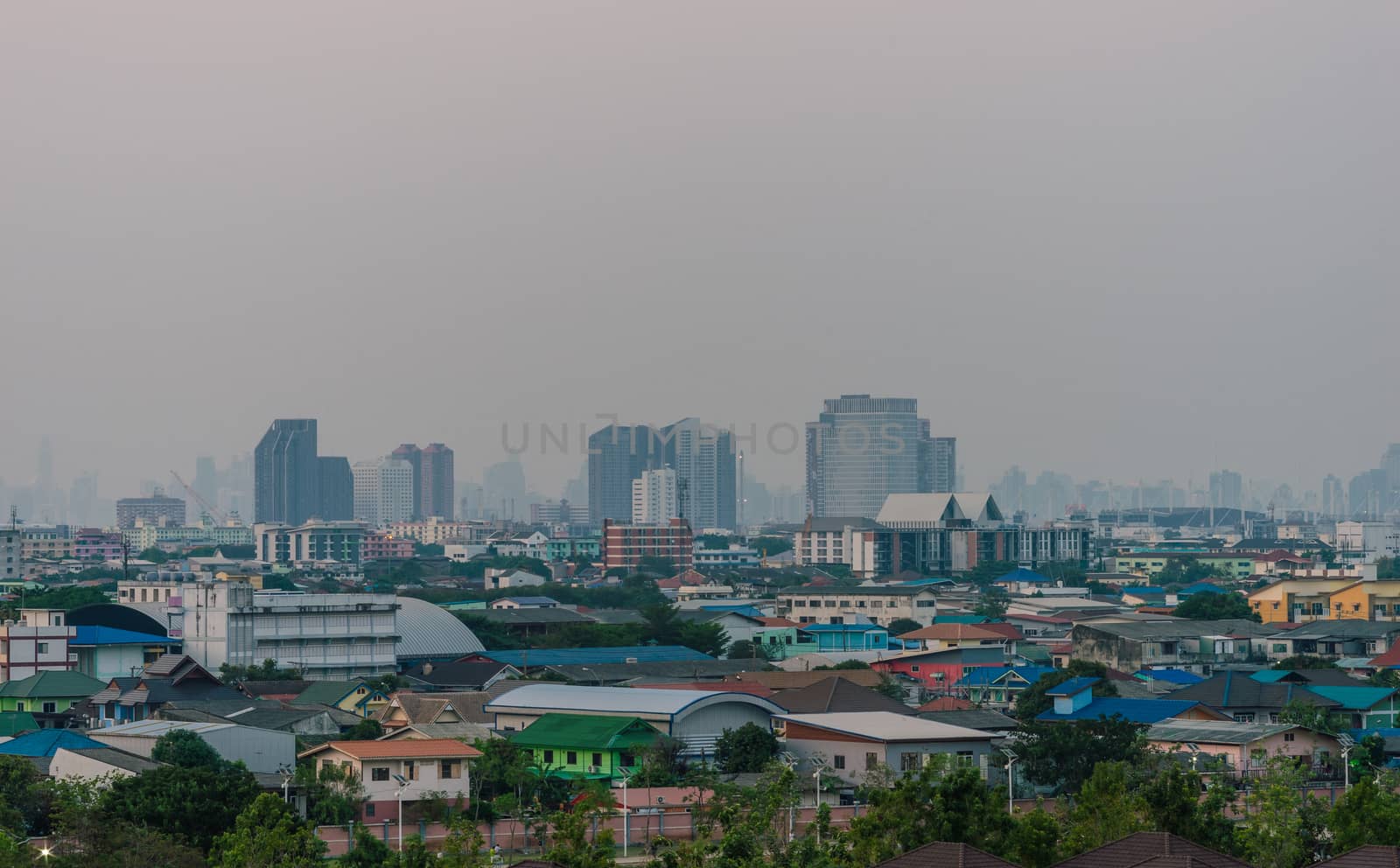 cityscape of smog or air pollution over a city in Thailand