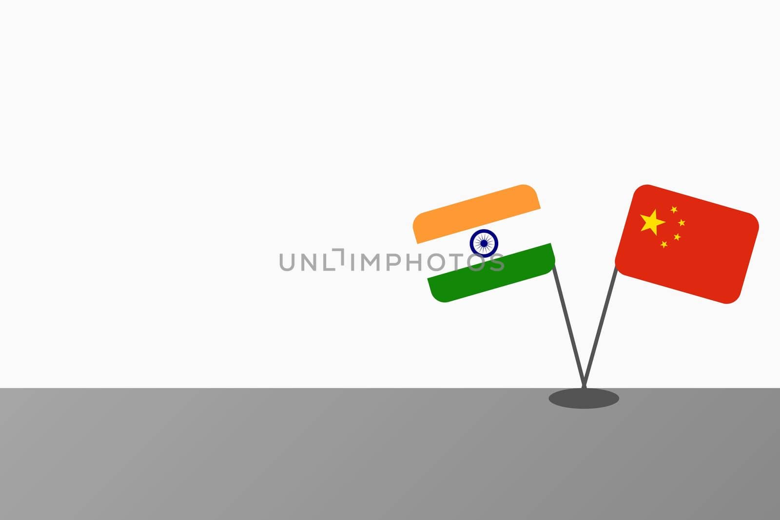Illustration of Indian and Chinese national flags at table crossing each other on a white background with copy space