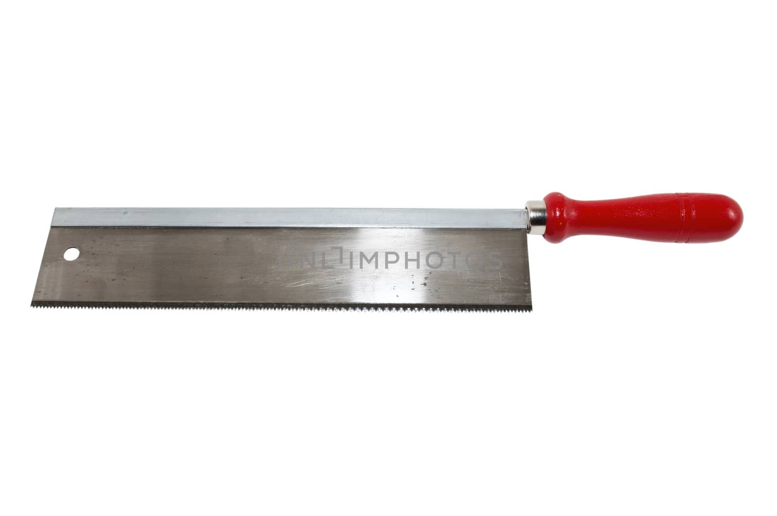 carpenter's saw with red wooden handle isolated on white background