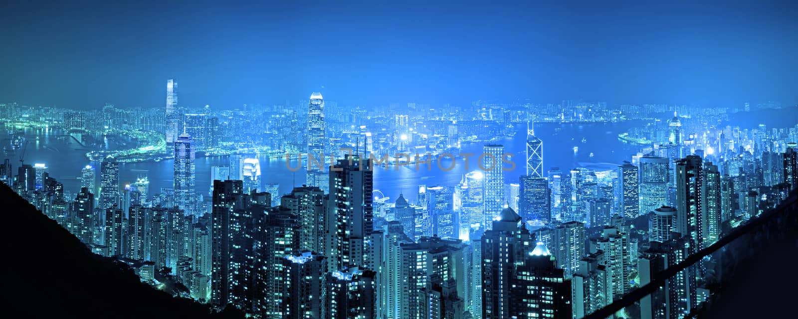 Panorama vire HongKong cityscape at night , Hong kong city. by Surasak