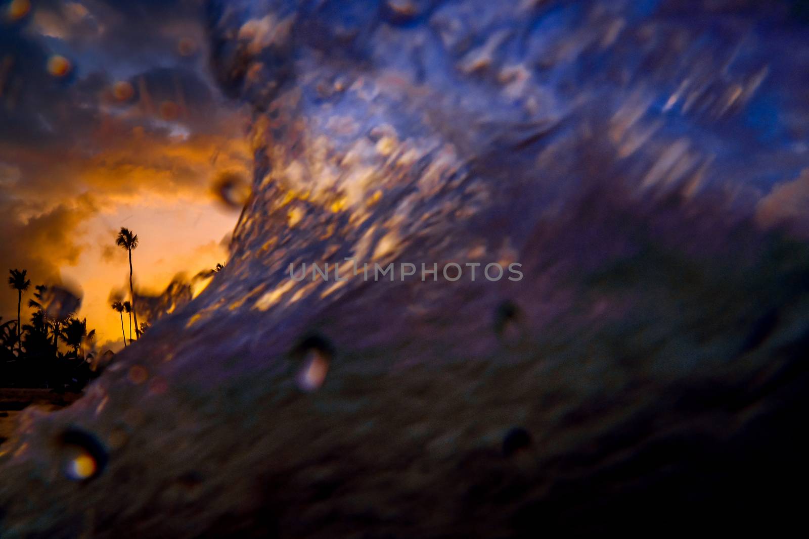Dramatic sunset over the exotic beach, with palms and sea wave close up, low angle view.