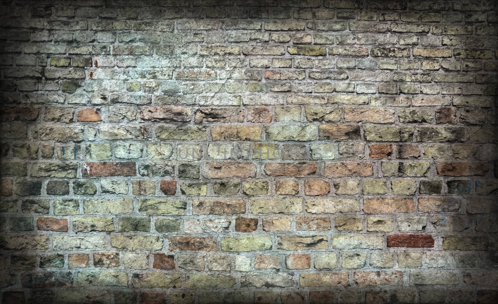 Aged and weathered old brick wall texture in a retro vintage des by MP_foto71