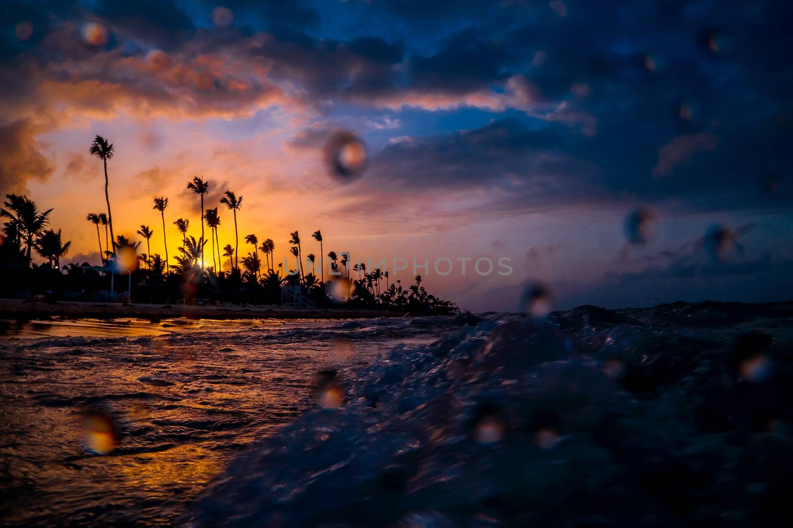 Colorful dramatic sky with Sunset. Carribean vacation, beautiful sunset over tropical beach in Punta Cana. Silhouettes of palm trees on the fion of a beautiful multi-colored sunset.