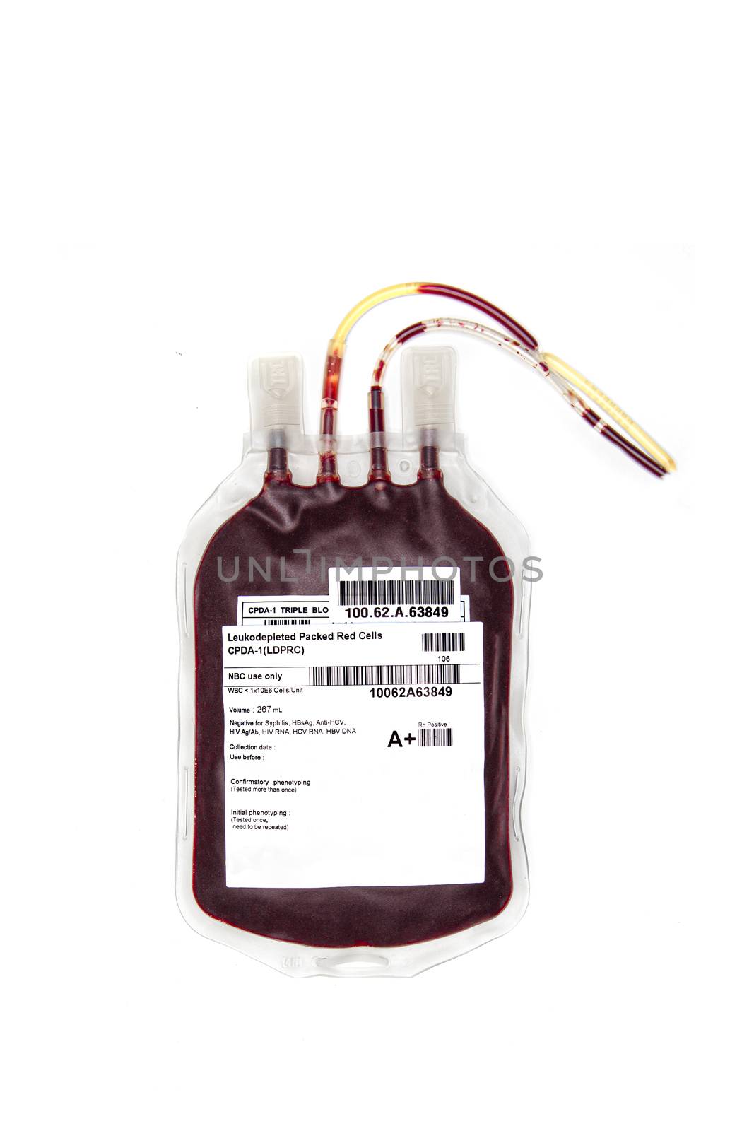 A bag of fresh blood or packed red cell, isolated on white back ground. Blood transfusion.