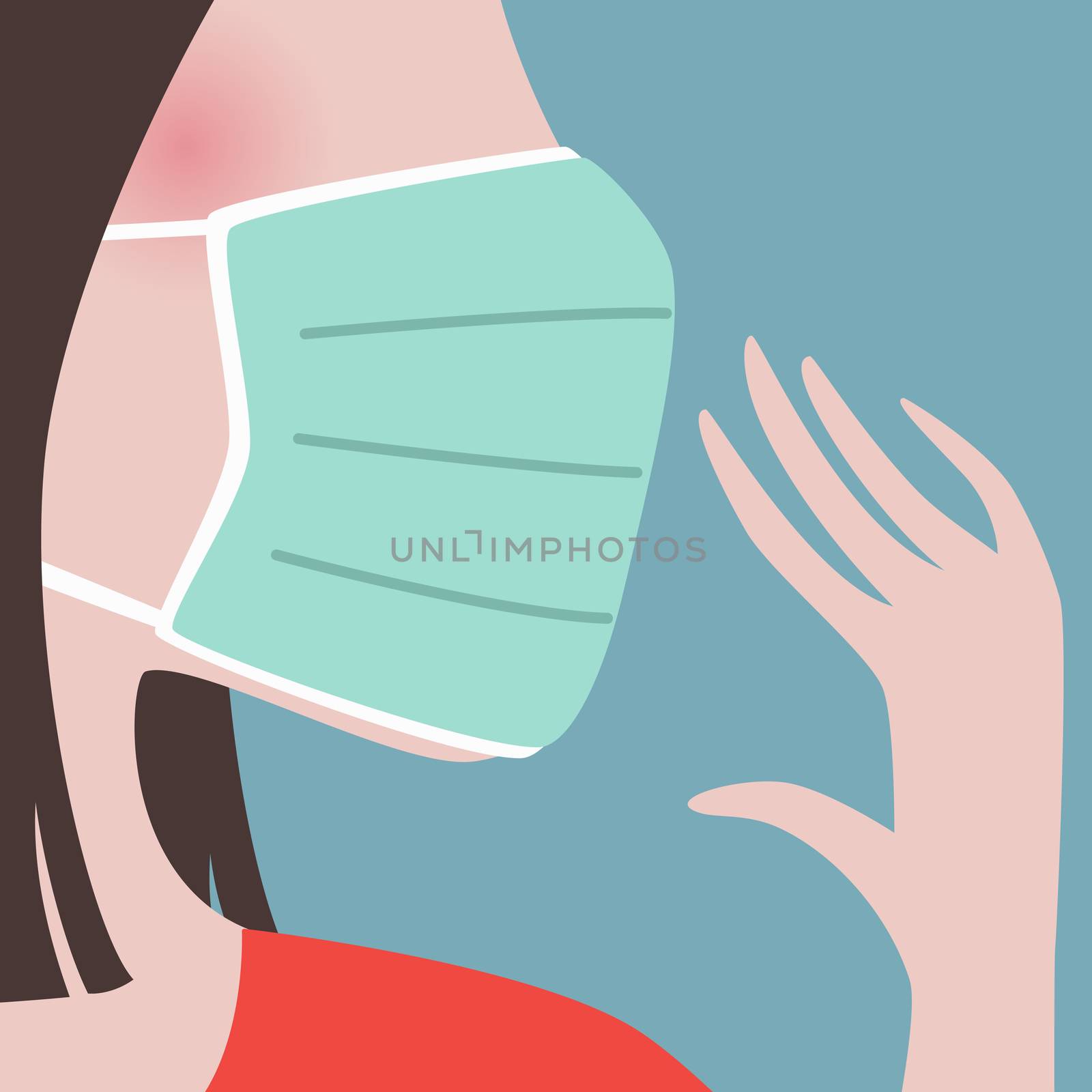 closeup of woman wearing green protective face mask.Epidemic disease concept.virus spreading protection.air pollution face mask.vector illustration.