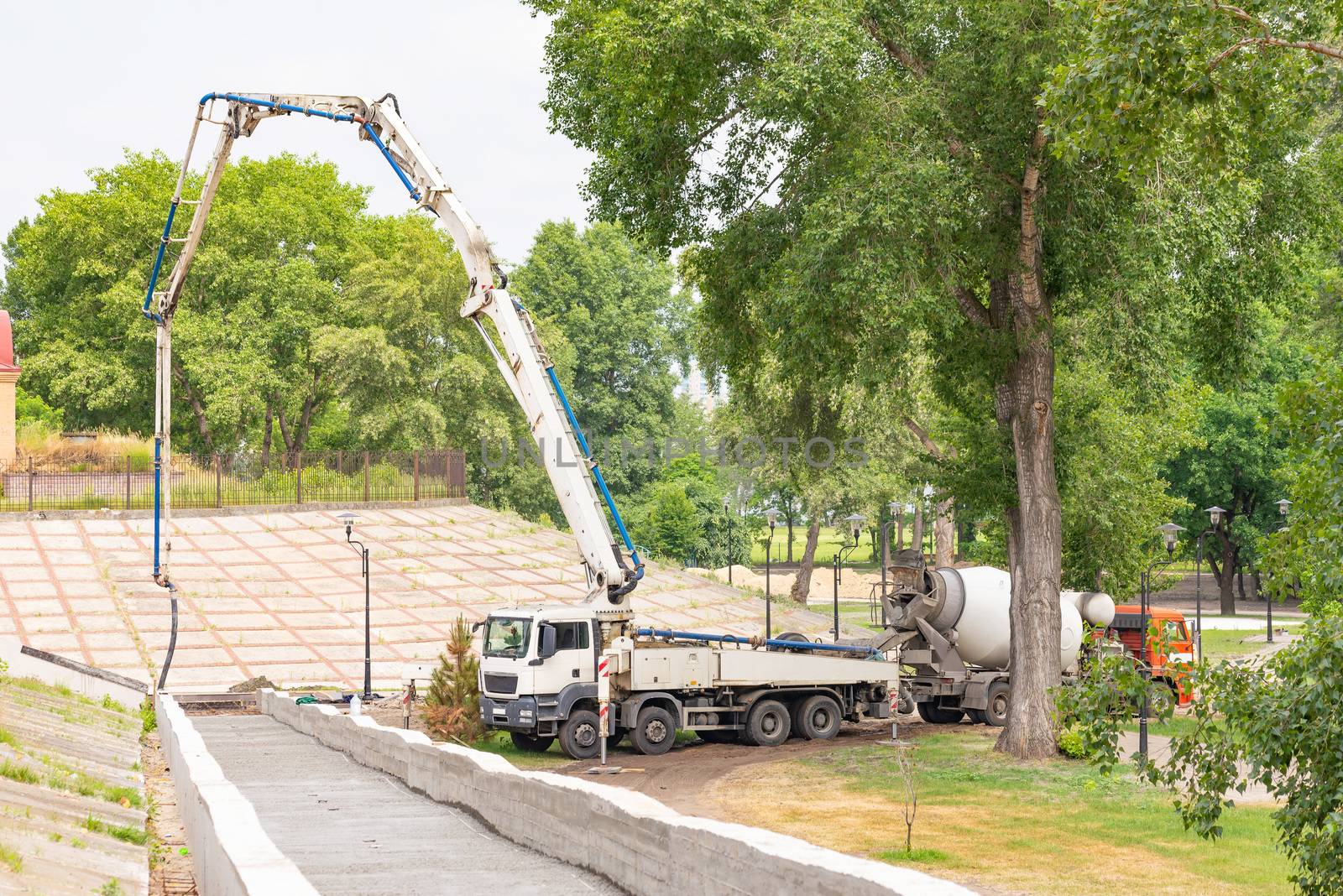 Truck mounted concrete pump on a construction site