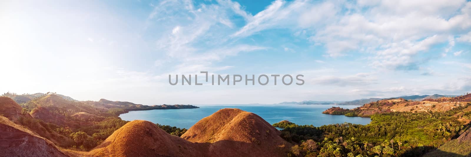 Colorful sunny day panorama at Amelia sunset point, Labuan Bajo, Flores Island, Indonesia.