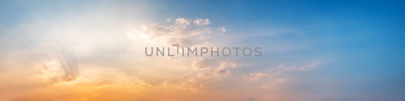 Dramatic panorama sky with cloud on sunrise and sunset time. Panoramic image.