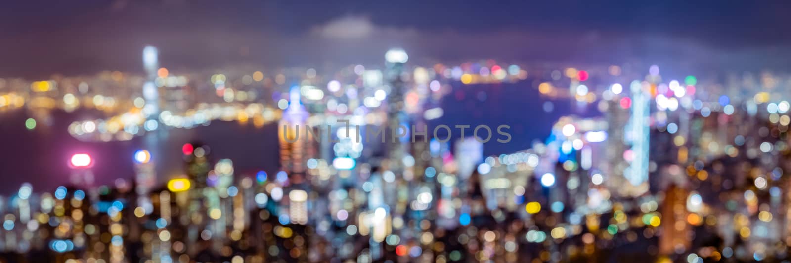 Out of focus view of Hong Kong skyline on the evening seen from Victoria peak, Hong Kong, China.