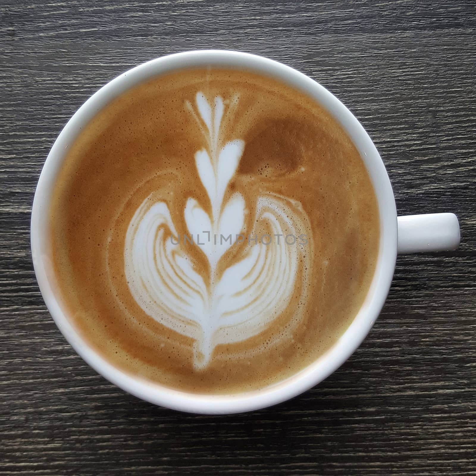 Top view of a mug of latte art coffee. by Tanarch