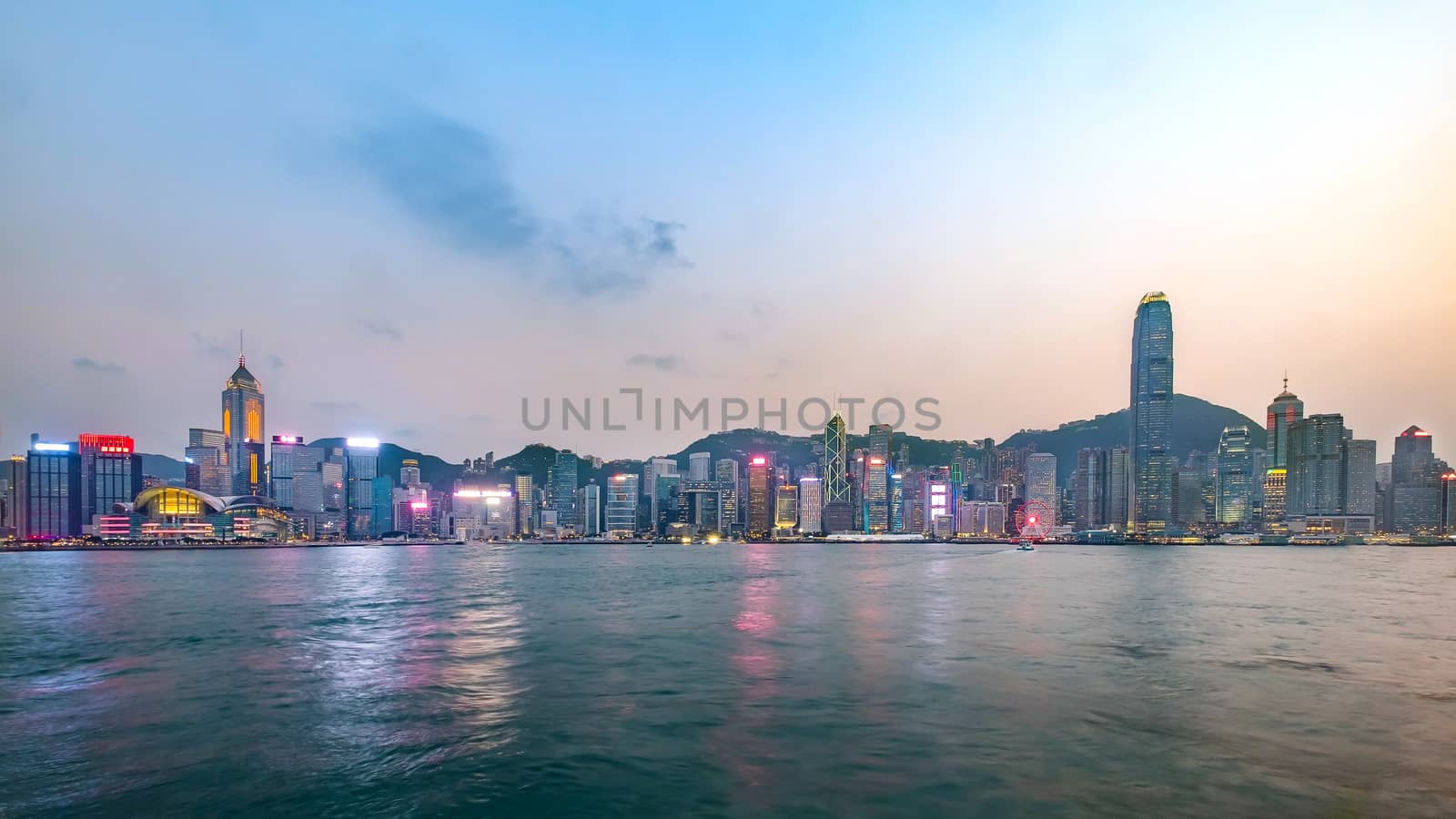 Hong Kong skyline on the evening seen from Kowloon, Hong Kong, China.