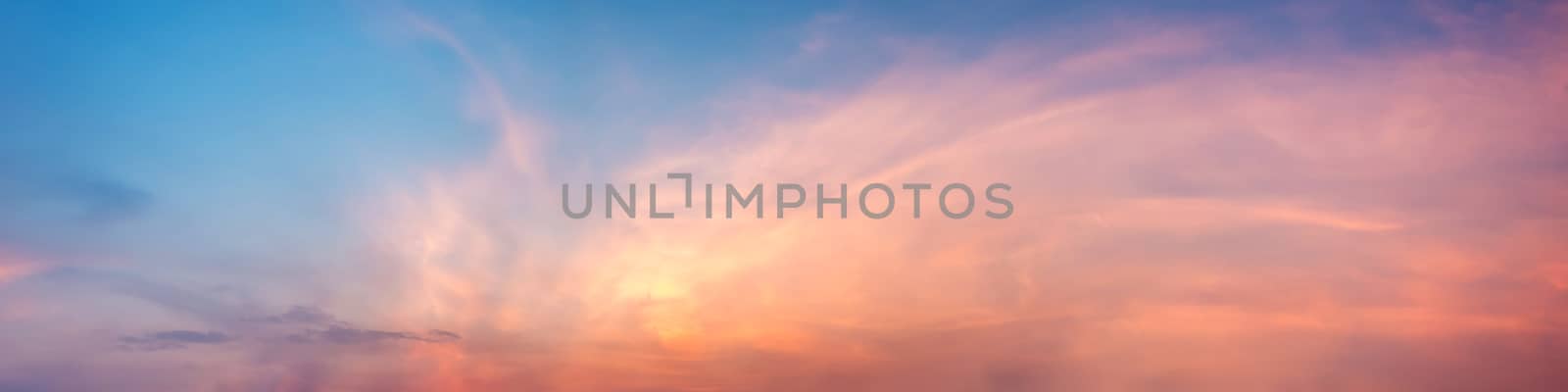 Dramatic panorama sky with cloud on sunrise and sunset time. Panoramic image.