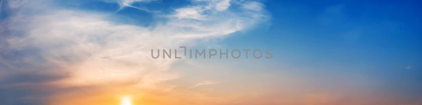 Dramatic panorama sky with cloud on sunrise and sunset time. Panoramic image.