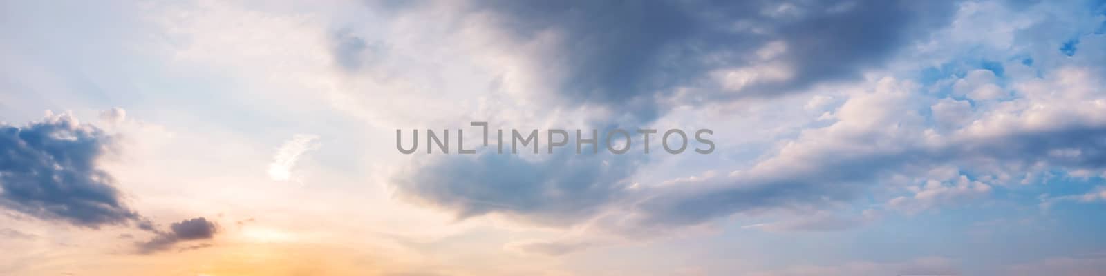 Dramatic panorama sky with cloud on sunrise and sunset time. Panoramic image.