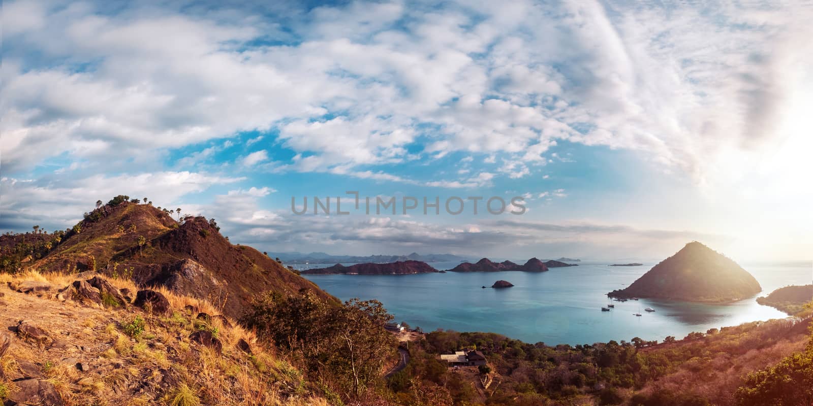 Colorful sunny day panorama at Amelia sunset point, Labuan Bajo, Flores Island, Indonesia.