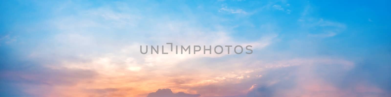 Dramatic panorama sky with cloud on sunrise and sunset time. Panoramic image.