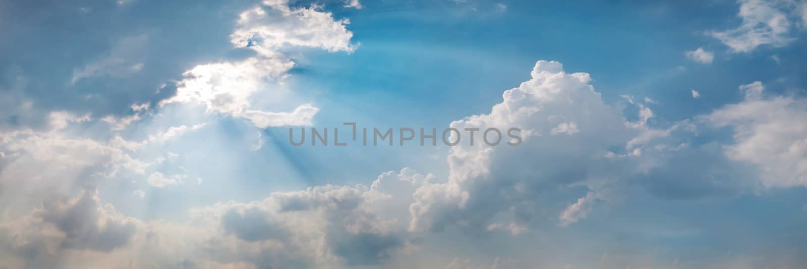 Panorama sky with cloud on a sunny day. Panoramic image.