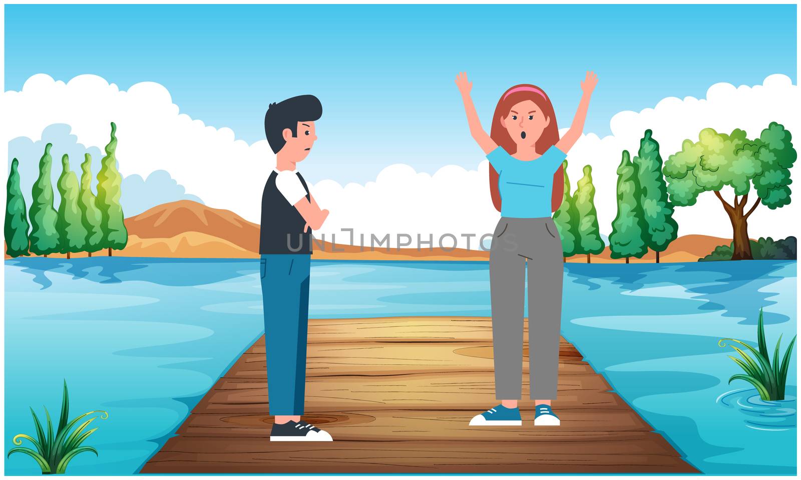 Couple is fighting on a sea bridges