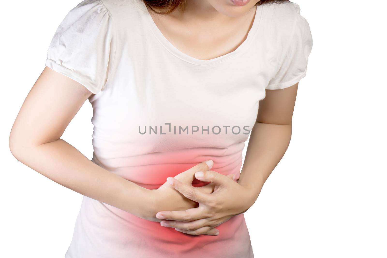 Woman suffer from stomachache or Gastroenterologist. Concept with Healthcare And Medicine. Pain in red color. Isolate on white background by asiandelight