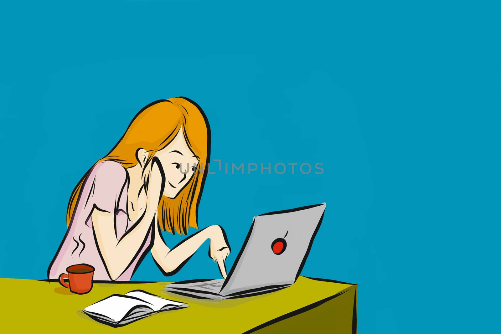 Pop Art of a young confident business woman using laptop at office with smiley face. by asiandelight