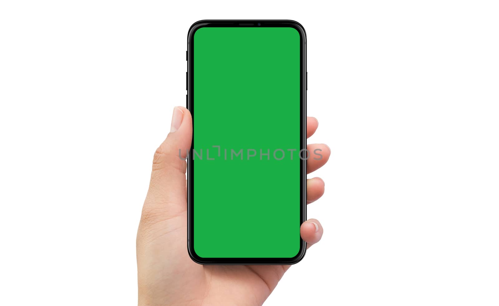 Left hand holding white mobile smartphone device green screen  by cougarsan